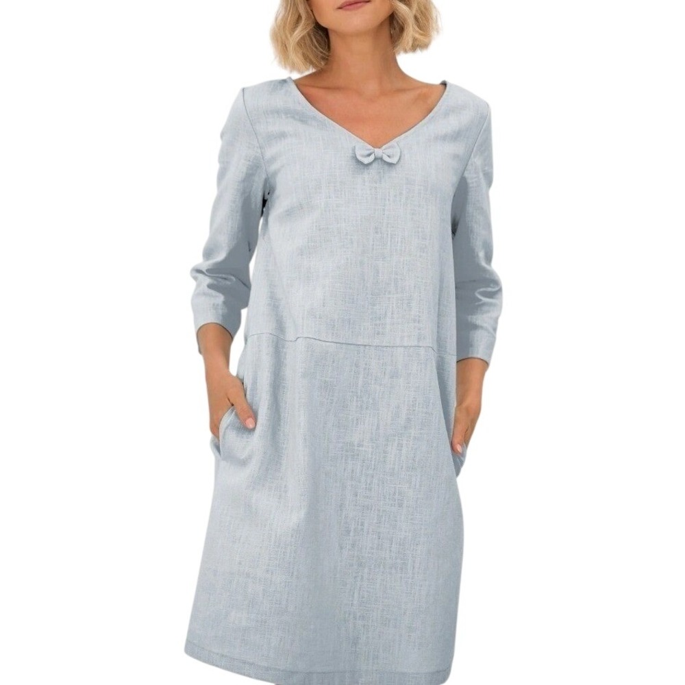 Le Muse Women XL Stonewashed Linen Midi Dress Light Blue Lagenlook Pockets